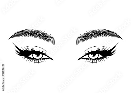 Vector Hand drawn beautiful female eyes with long black eyelashes and brows close up.