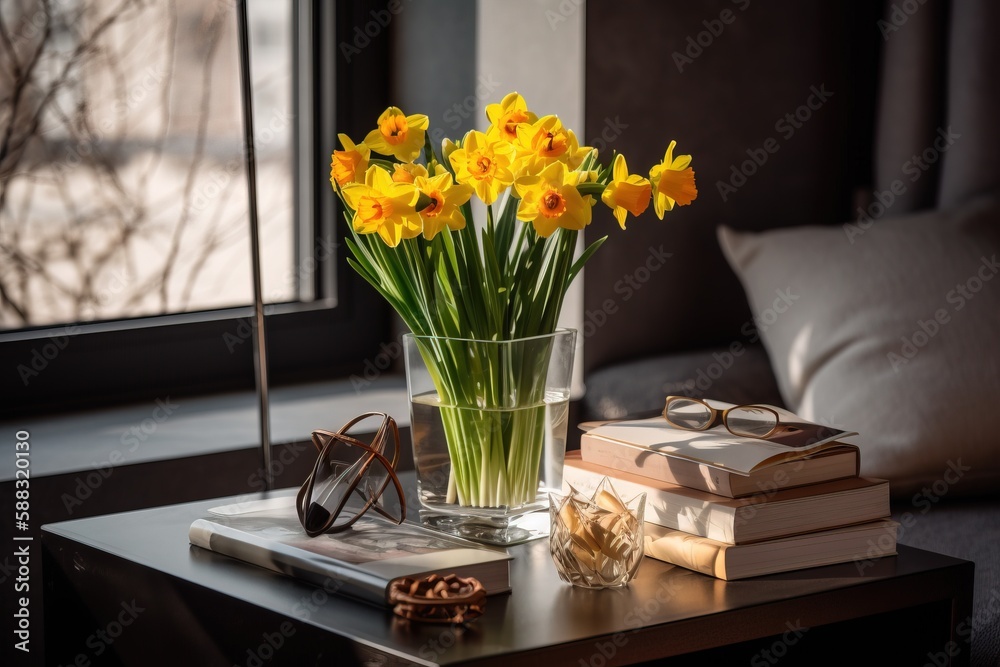 a glass vase filled with yellow flowers on top of a table next to a book and eyeglasses on top of a coffee table. generative ai a glass vase filled with yellow flowers on top of a table next to a book and eyeglasses on top of a coffee table. generative ai