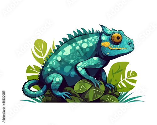 Cute chameleon on the stone. Cartoon vector illustration.