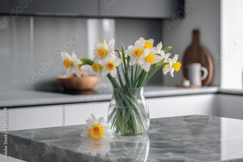  a vase filled with yellow and white flowers on top of a counter top next to a counter top with a vase of daffodils on it. generative ai