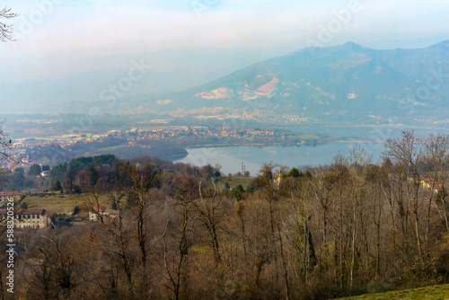 View of Annone lake from Colle Brianza, Lombardy, Italy photo