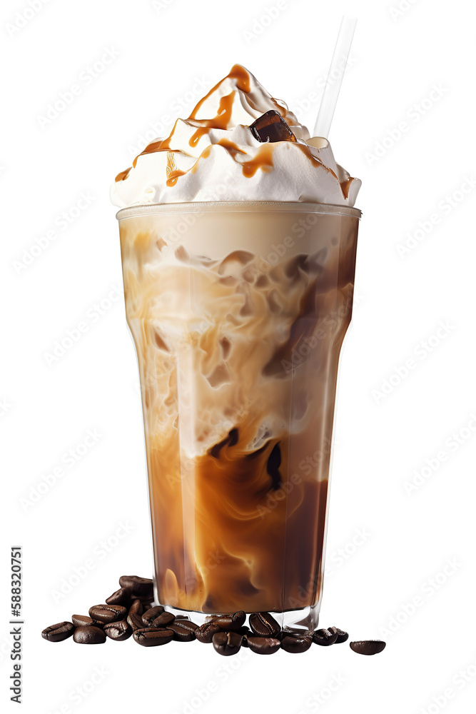 Coffe frappe wit cream and  straw on cutout PNG transparent background. Generative AI - obrazy, fototapety, plakaty 