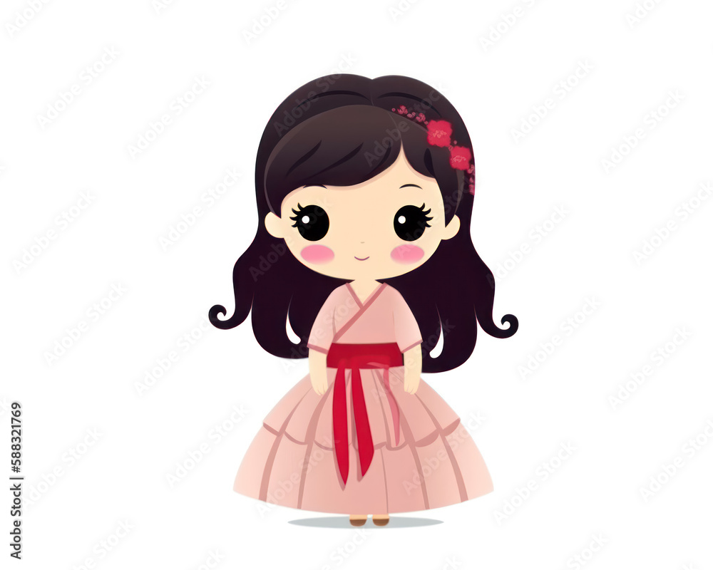 Cute cartoon girl in a dress isolated on white background. Vector illustration.