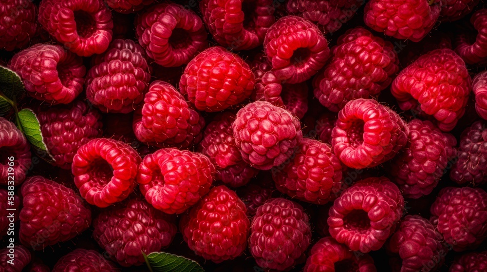 Texture with lots of ripe raspberries. Background design with fresh red berries. Generative AI. Texture with lots of ripe raspberries. Background design with fresh red berries. Generative AI.