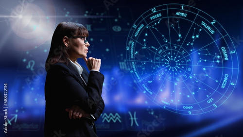 Schilderij op canvas Woman interested in astrology, universe stars astrological wheel background
