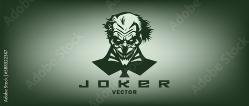 Vector logo, portrait of a scary terrible disheveled green joker. Sticker, icon or emblem.