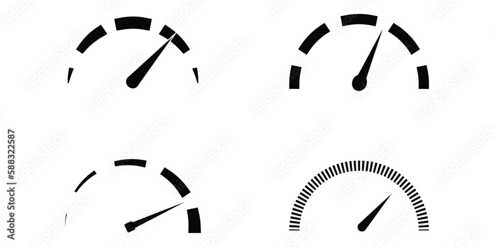 Speed signs. Speedometer black icons set. Speed indicators with arrows. Fast speed.gauge, dashboard, indicator, tachometer, scale. - obrazy, fototapety, plakaty 