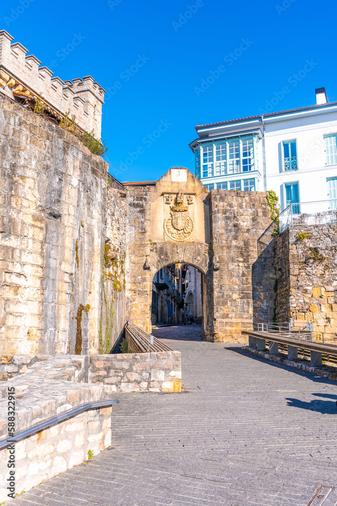 Fuenterrabia or Hondarribia municipality of Gipuzkoa. Basque Country. Entrance gate in the wall of Santa Maria