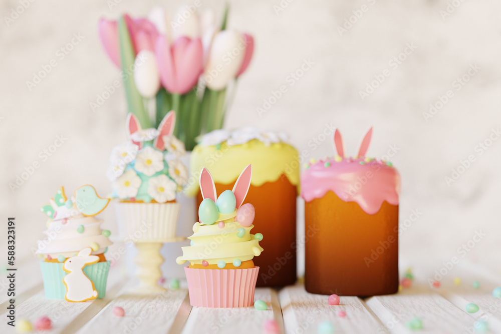 Easter cakes, cupcakes, eggs and gingerbread cookies on white wooden table. 3d render Easter cakes, cupcakes, eggs and gingerbread cookies on white wooden table. 3d render