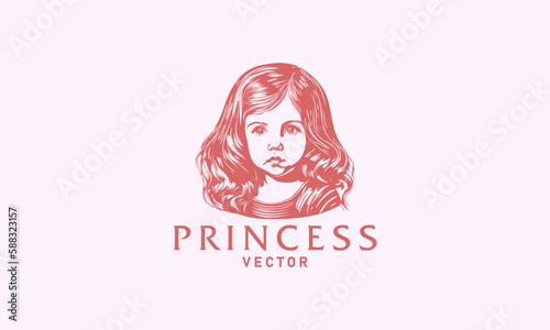 Vector portrait of a little beautiful kawaii girl with luxurious hair. Young princess. Logo, sticker or icon. Isolated background.