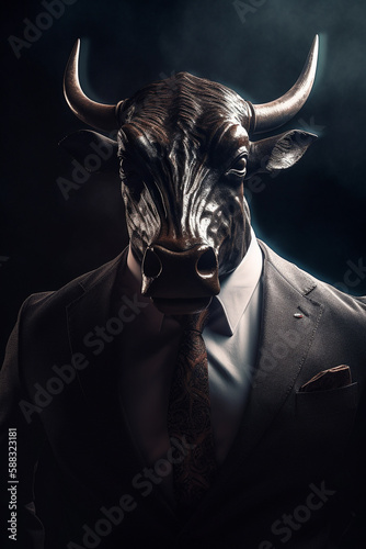 Conceptual portrait of a strong and successful bull, dressed in a businessman suit. Bull market concept. Illustration. Generative AI