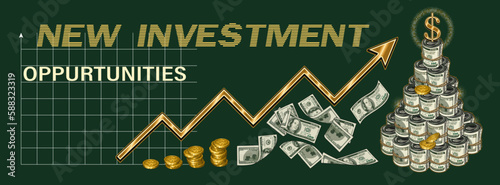 Business, finance, investment concept. Horizontal banner, poster, header for website with copy space. Finance illustration with cash money, dollar rolls, stacks, wads. Concept of success and wealth