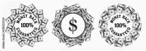 Set of monochrome circular money frames with US dollar bills, copy space, dollar sign. Logo, emblem, badge for advertisement, sale, offer, discount, winner award. White background.