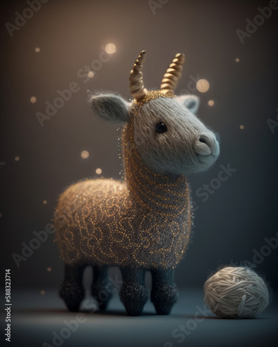 Fabulous, decorative knitted toy llama. A cute character for children's stories and fairy tales. Created with AI.