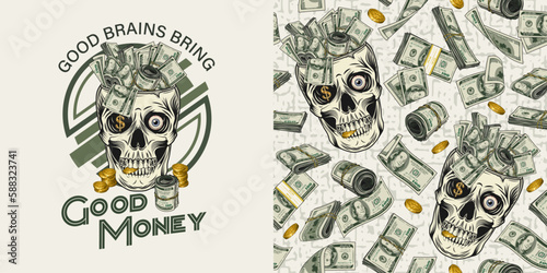 Pattern, label with skull, cash money,100 dollar bills, gold coins. Skull without top like cup, bowl, vase. Textured white background. For prints, clothing, t shirt, surface design. Concept Make Money