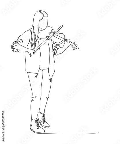 Street woman musician playing violin. Vector illustration in line art style.
