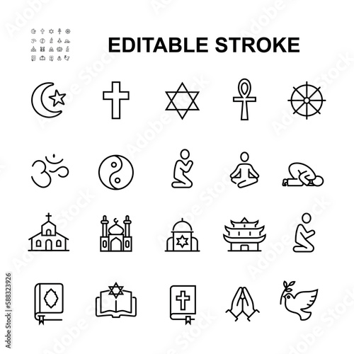 Simple Set of Religion Related Vector Line Icons. Contains icons such as places of worship, religious symbols, worship.
Editable Strokes.