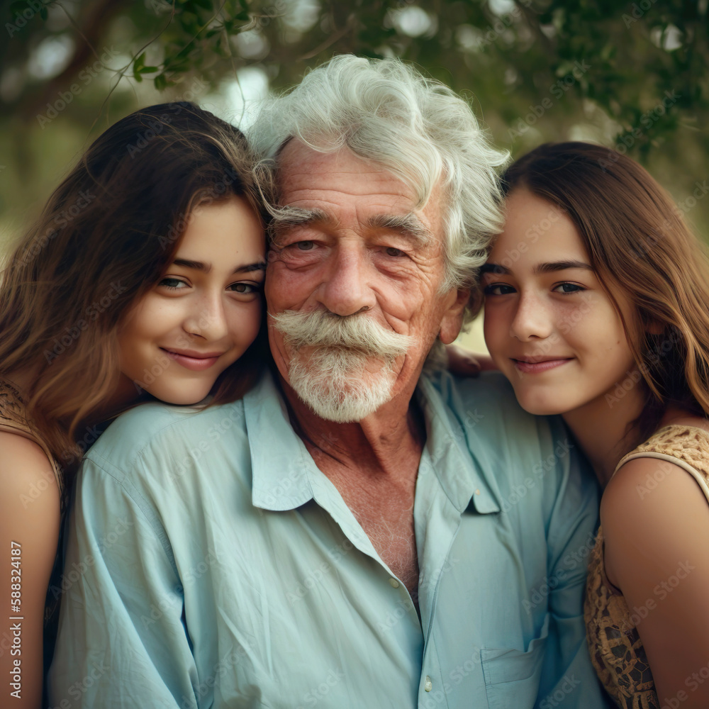 Old Caucasian man with his two lovely daughters. Generative AI illustration of a fathers day. Old Caucasian man with his two lovely daughters. Generative AI illustration of a fathers day.