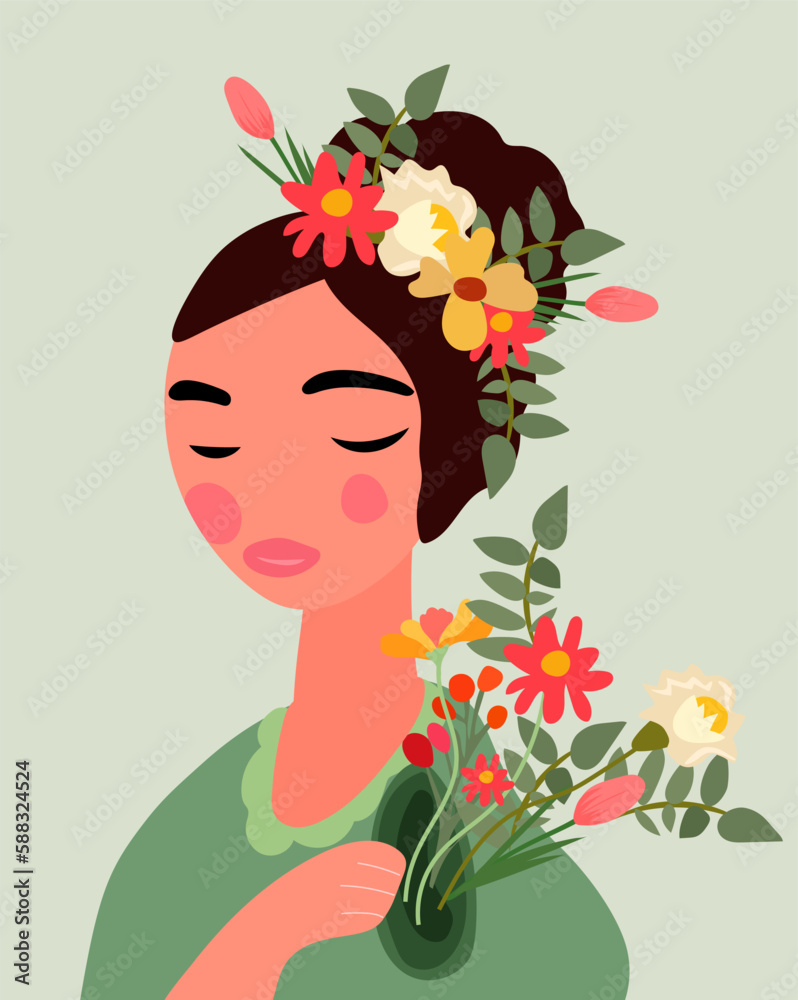 A charming image of a woman with a wreath of colorful wild flowers on her head. Perfect for spring cards and posters, banners, invitations, Mothers Day or Women Day. Vector. A charming image of a woman with a wreath of colorful wild flowers on her head. Perfect for spring cards and posters, banners, invitations, Mothers Day or Women Day. Vector.