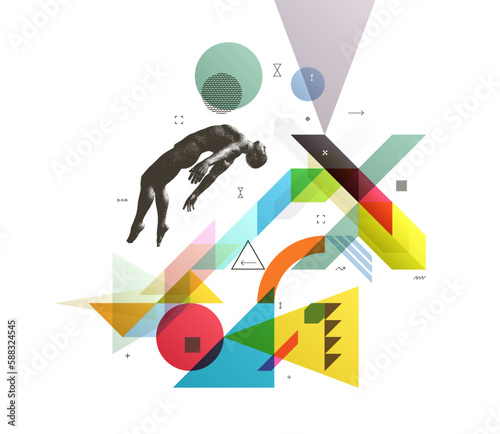 Art composition. Astral travel out of body or reincarnation spiritual concept. Flying man in zero gravity or a fall. Hovering in the air. Levitation act. Transparency geometrical background.