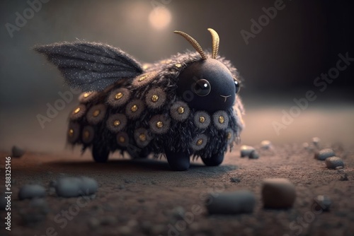 Expensive toy mole, bumblebee, felt butterfly. Character for children's books of fairy tales and stories. Decorative knitted toy. Created with AI. © Ренат Хисматулин