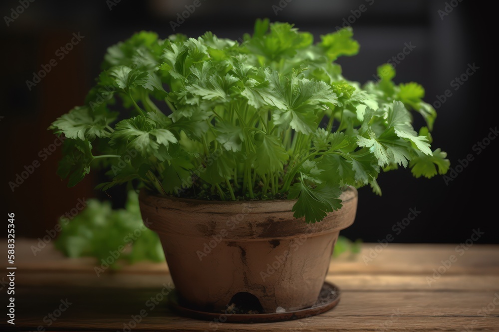 a pot of parsley on a wooden table - ai generated