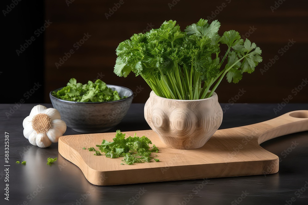 a pot of parsley on a wooden table - ai generated