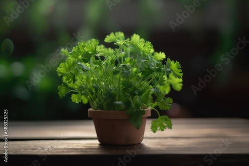 a pot of parsley on a wooden table - ai generated © Nicola