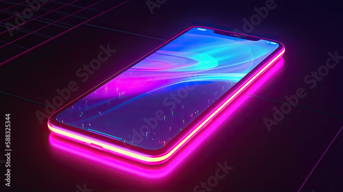 A Smartphone with an neon lights Screen on a desk