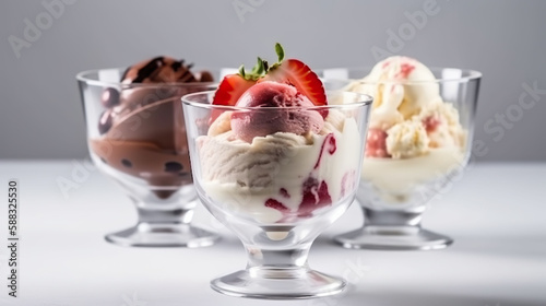 Vanilla, strawberries, chocolate ice cream . Generative AI.