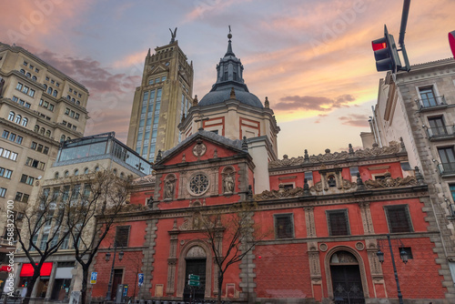 Various photos of madrid streets with colorful buildings and sky