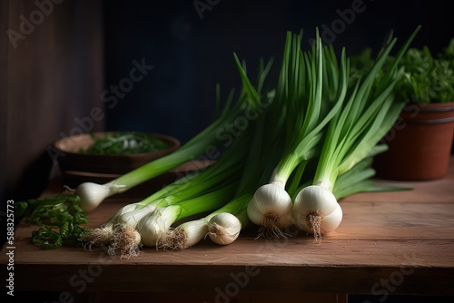 close up of scallions on a wooden table - ai generated