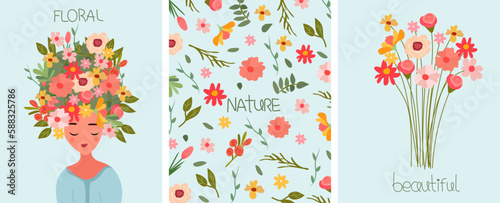 A bright Greeting cards featuring an elegant woman a flowers on head, bouquet flowers. Concept your blooming. Perfect for Mothers Day cards, birthdays, banners, posters, invitations etc. Vector