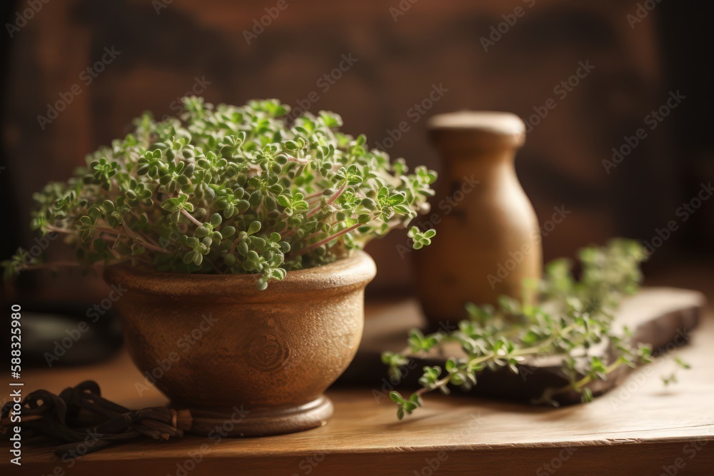 a little pot aof growing thyme on a wooden table - ai generated a little pot aof growing thyme on a wooden table - ai generated