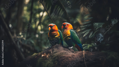 Beauty of Lovebirds in their Tropical Habitat. Generative AI photo