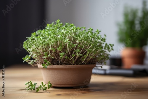 a little pot aof growing thyme on a wooden table - ai generated photo