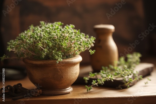 a little pot aof growing thyme on a wooden table - ai generated