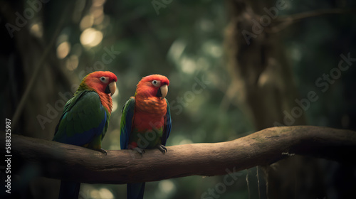 Beauty of Lovebirds in their Tropical Habitat. Generative AI photo