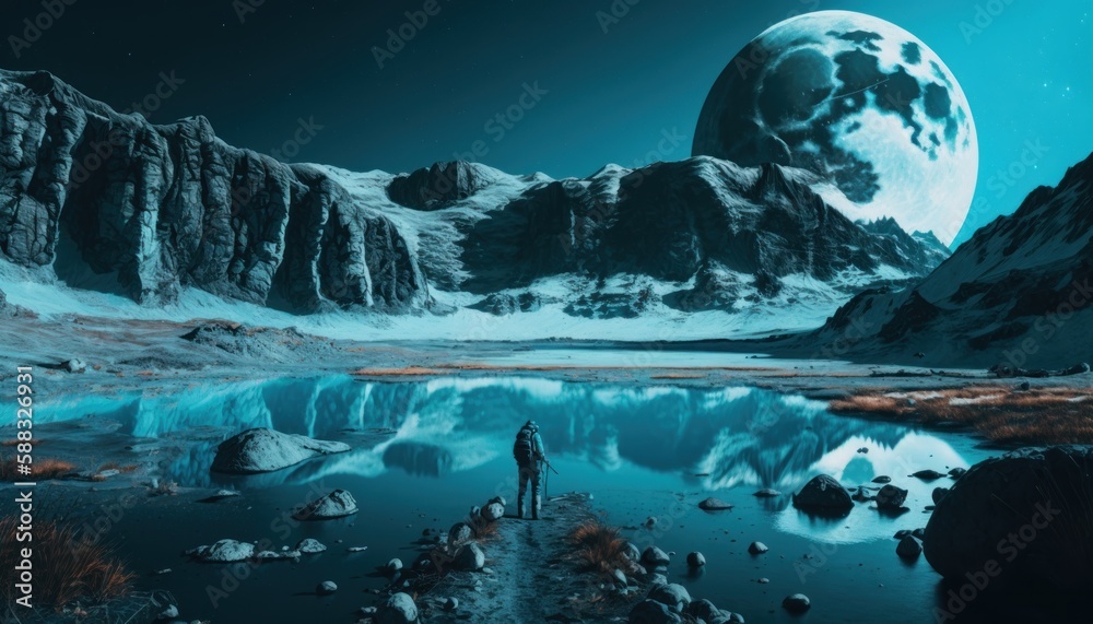 Bright blue lake on the moon with a dog standing infront, generative AI