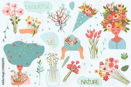 Delightful vector illustration featuring a woman, bouquet, and spring elements leaves, plants, petals, and buds. Ideal for spring cards and posters, banners, invitations. Vector illustration