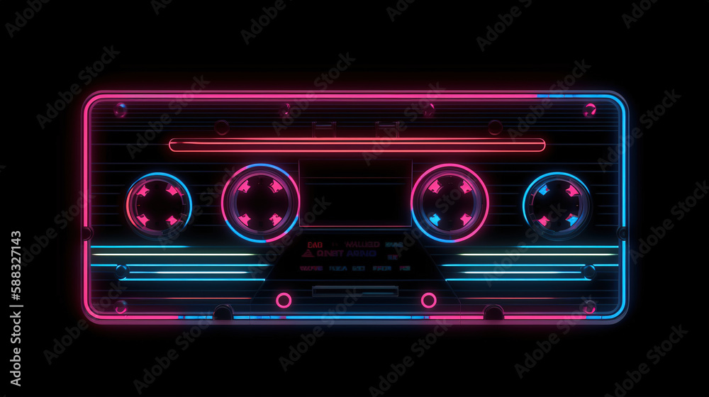 Fototapeta premium Retro radio cassette, neon lines. AI generated