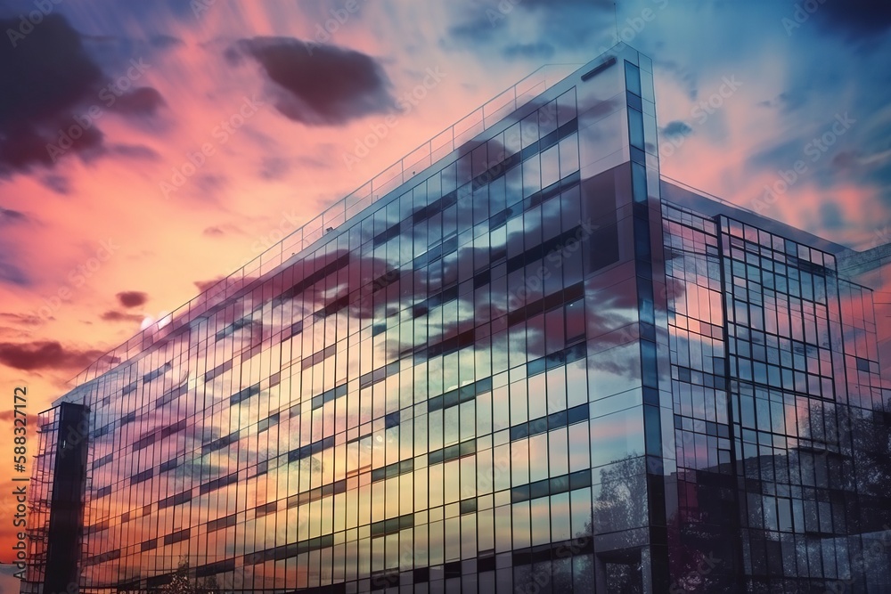 double exposure of a modern office building in sunset shades