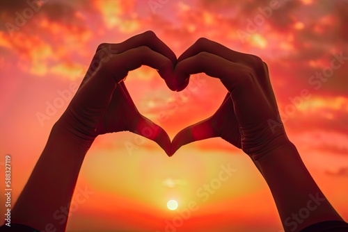 close-up of a woman s hands forming a heart shape against a sunset background
