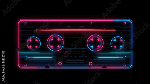 Retro radio cassette, neon lines. AI generated