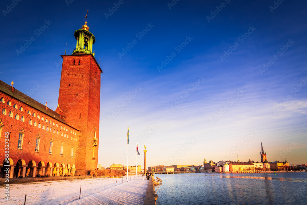 Stockholm, Sweden. City Hall Tower and Glama Stan panoramic view, winter season.