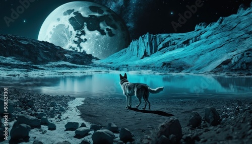 Bright blue lake on the moon with a dog standing infront  generative AI