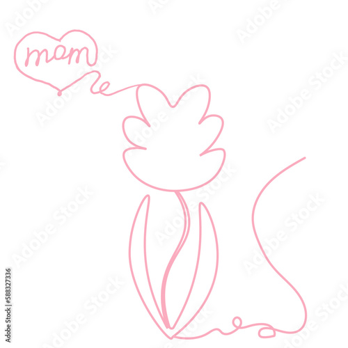 One line simple flower with inscription. Happy mother's day concept. Greeting card with outline flower and heart with Editable stroke. Line art vector illustration.