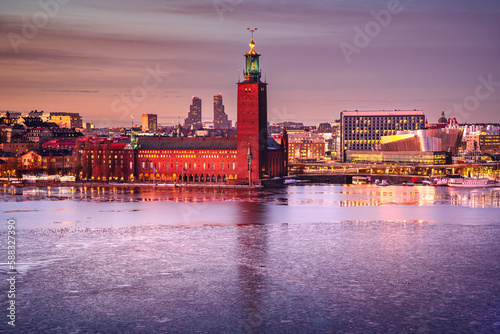 Stockholm  Sweden. City Hall Tower and Glama Stan panoramic view  winter season.