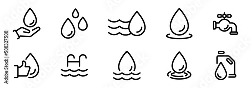 Water icon set. Aqua symbols set. Water drops icon collection.
