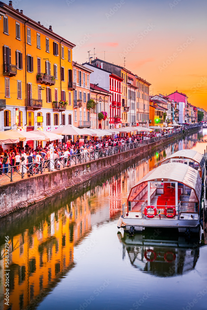Milan, Italy. Naviglio Grande, historic canal, now a lively dining and cultural destination.